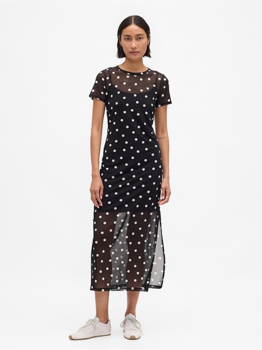 GAP Black Mesh Maxi Dress with White Polka Dots